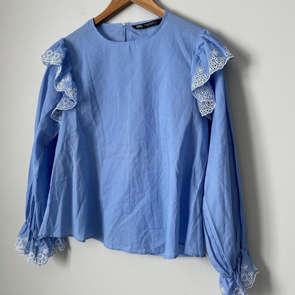 Zara Cotton Blouse Eyelit Ruffle Embroidered Details Long Sleeve Women's XS - Picture 5 of 11